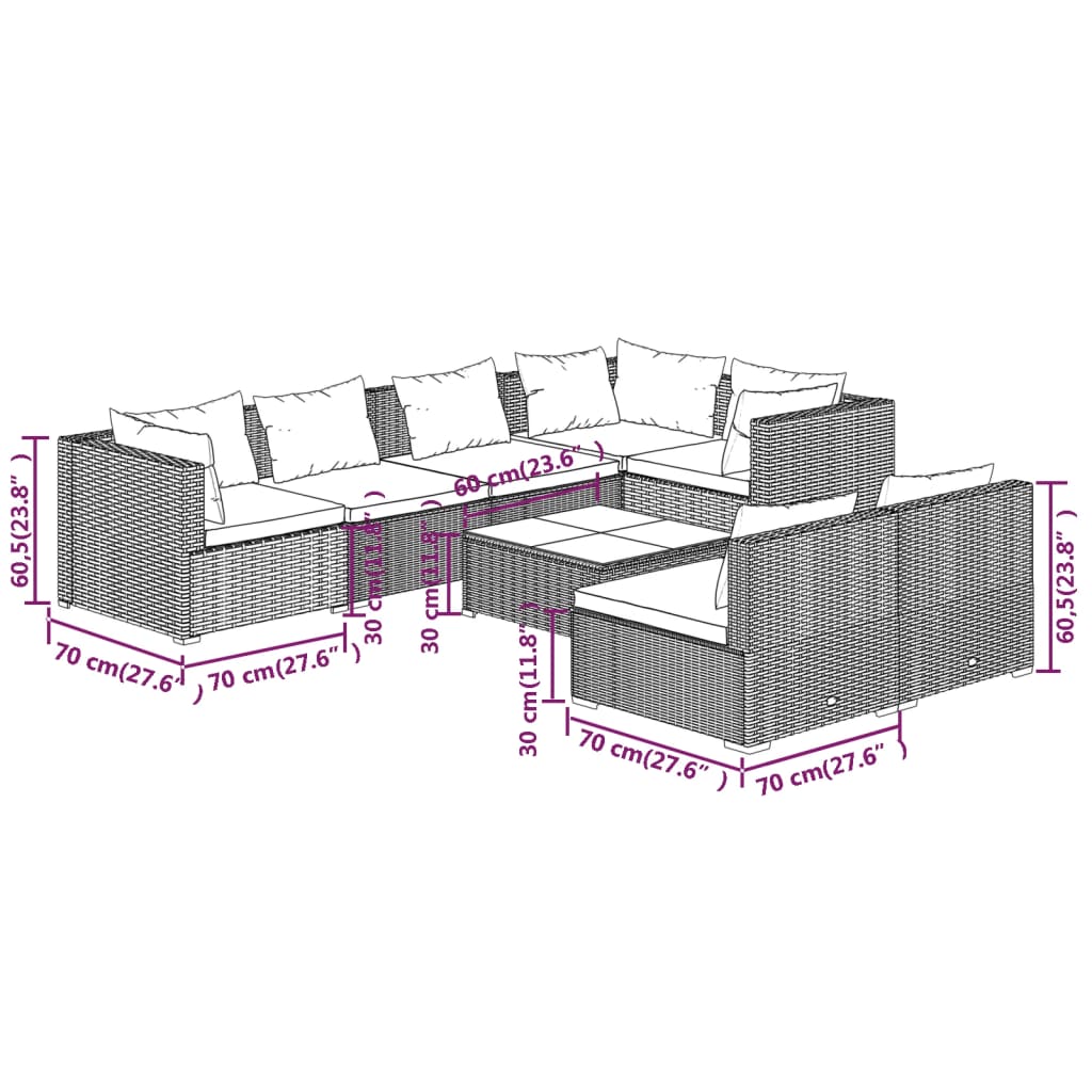 vidaXL Salon de jardin avec coussins 8 pcs marron résine tressée